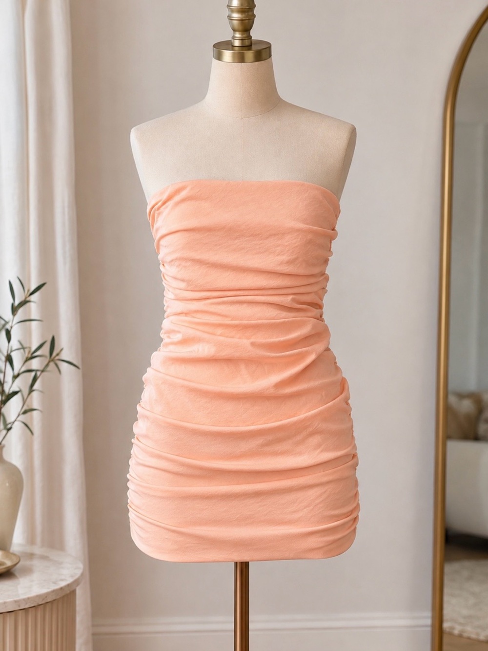 Lucy in the Sky Peach Strapless Ruched Mini Dress- NWOT